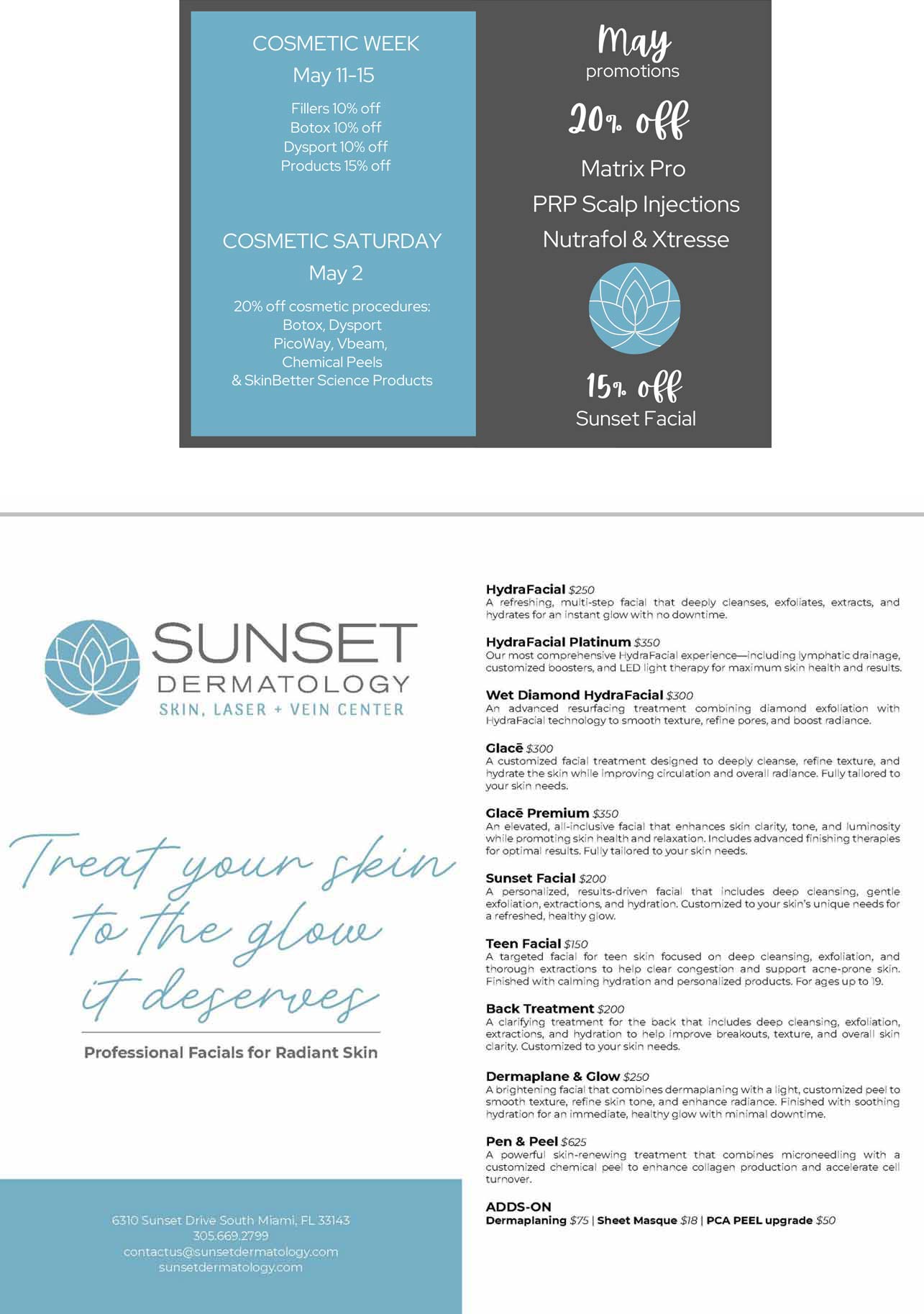 Promotions and events at Sunset Dermatology in South Miami.