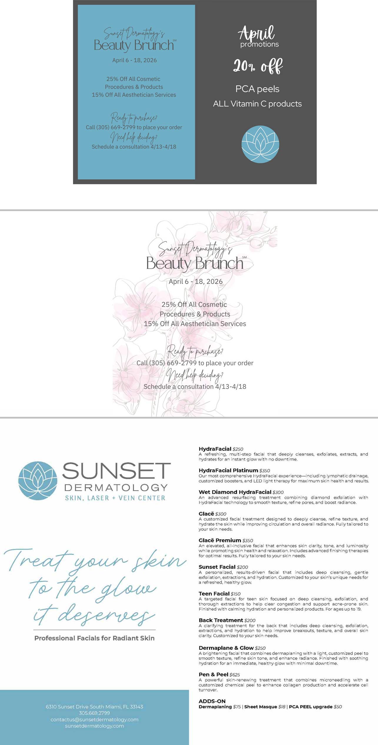 Promotions and events at Sunset Dermatology in South Miami.