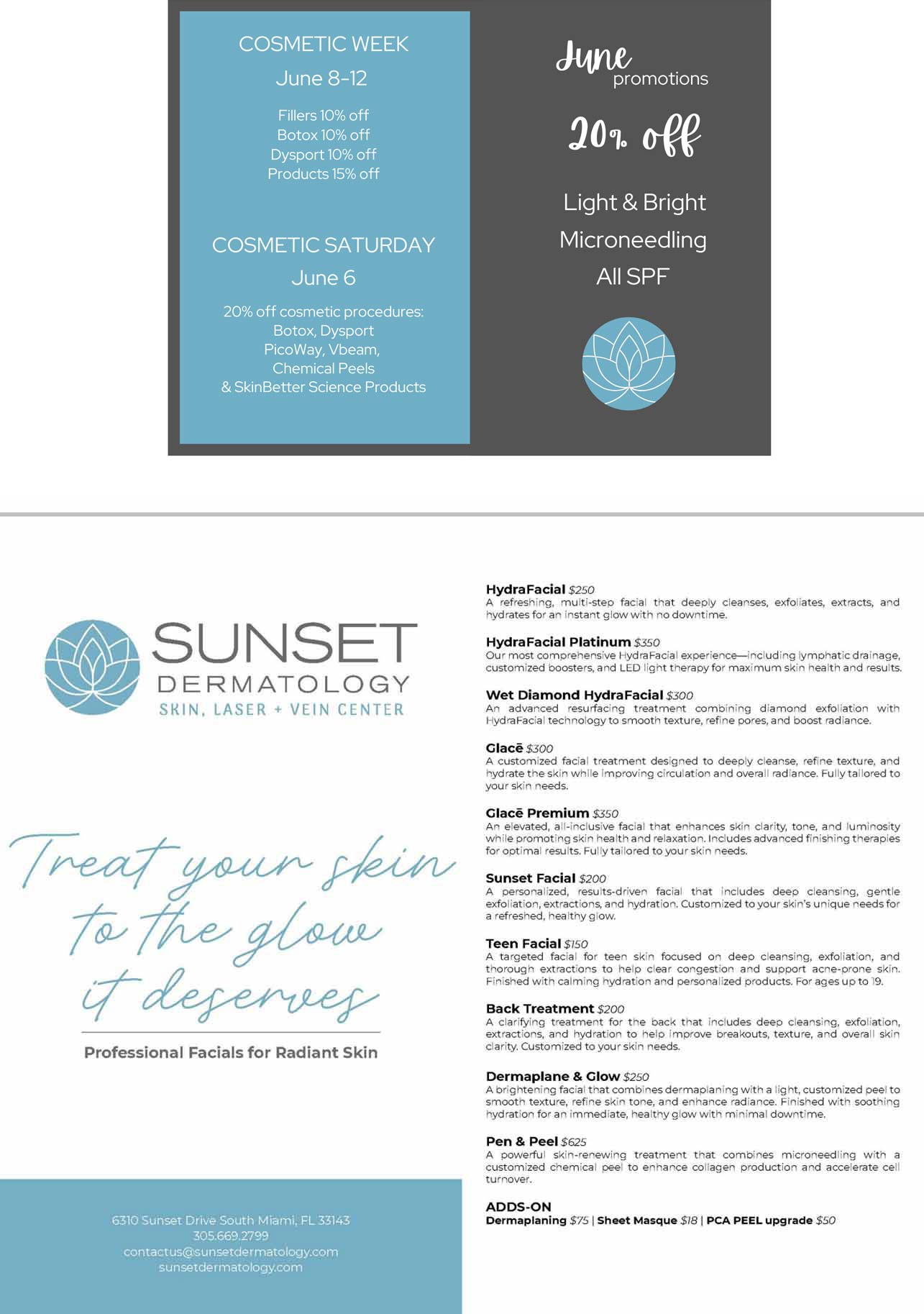 Promotions and events at Sunset Dermatology in South Miami.